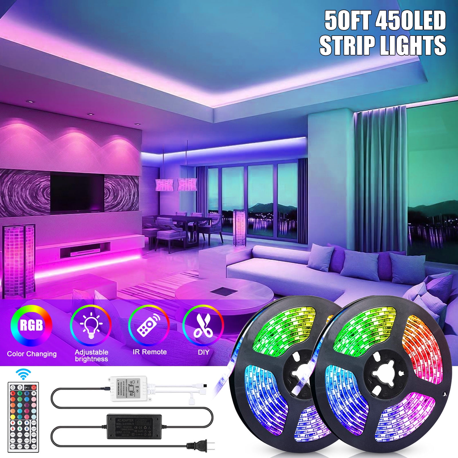 Color Changing 450pcs SMD 5050 RGB Strip Lights 50FEET LED Music Strip Lights 
