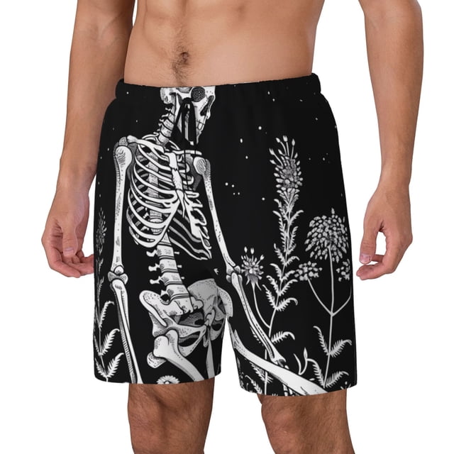 Balery Vintage Black white Plant skull Bañador para hombre, shorts de playa de secado rápido con entrepierna y forro de compresión-Small