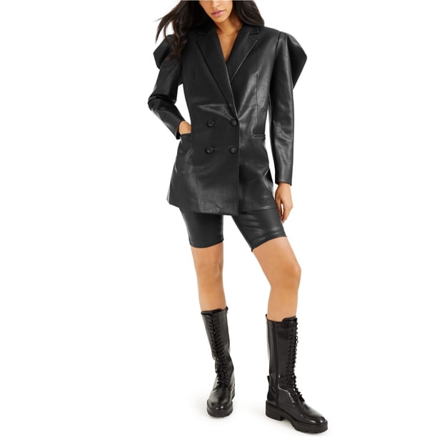 INC Chaqueta tipo blazer de piel sintética para mujer, negra, pequeña