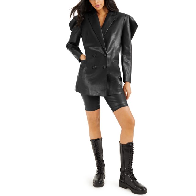 I.N.C Veste Blazer en Faux Cuir pour Femmes, Noir, Moyen