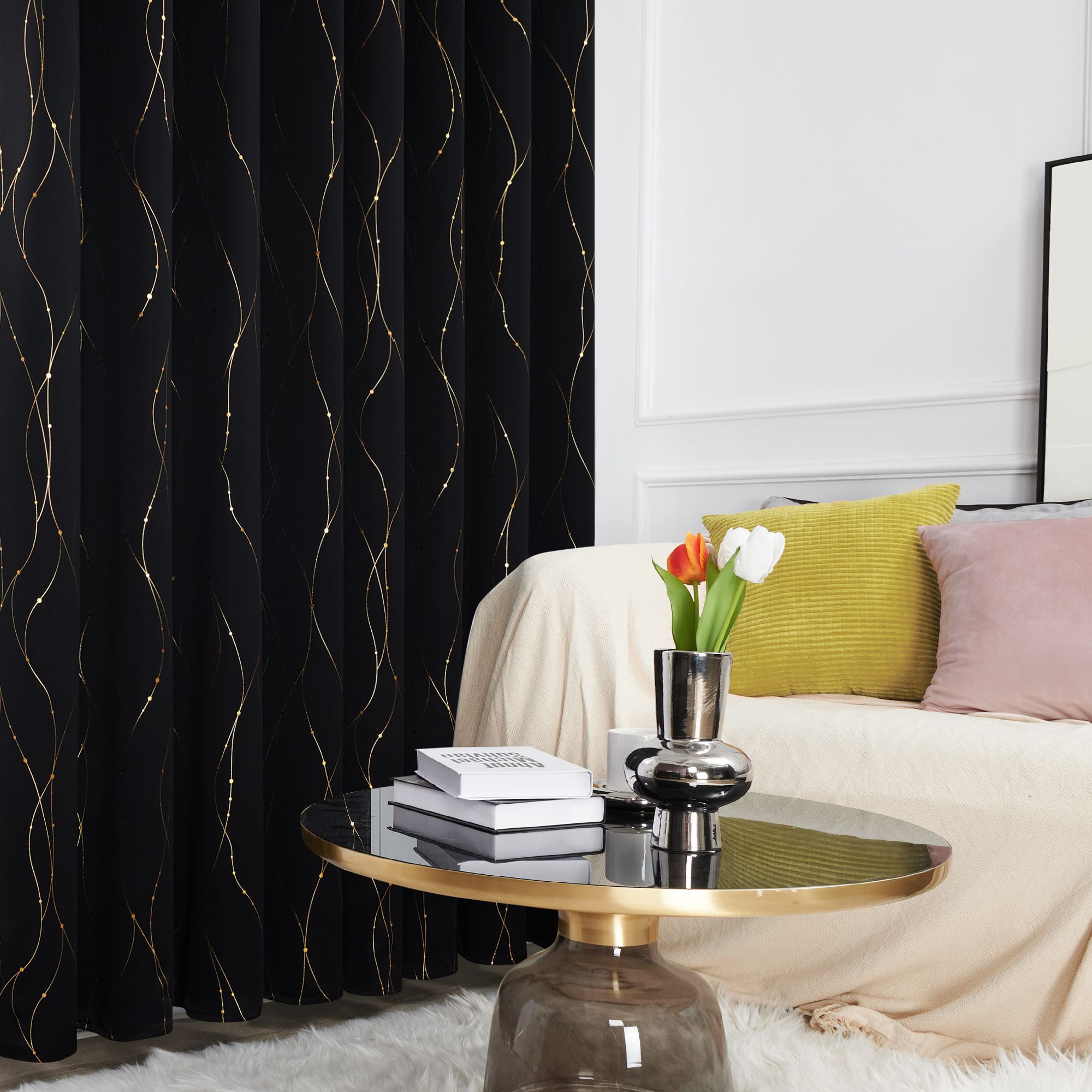 Deconovo Window Curtains Wave Line with Dots Gold Foil Print Design Grommet Blackout Curtains for Kitchen 52 x 45 inch Black 2 Panels