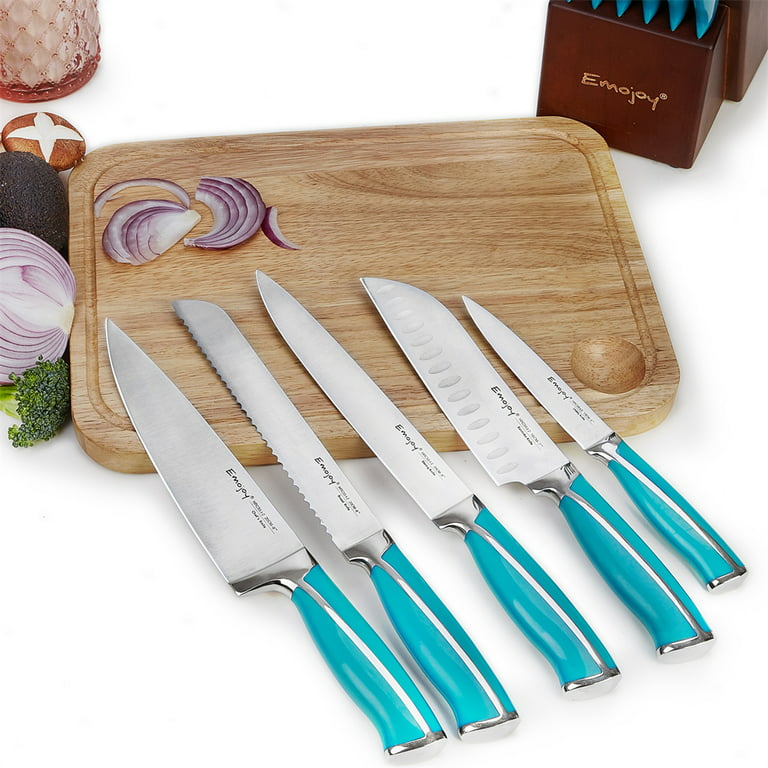 Emojoy Knife Set, 15-Piece Kitchen Knife Set with Wooden Block, Blue Handle  for Chef Knife Set, German Stainless Steel Perfect Cutlery Set 