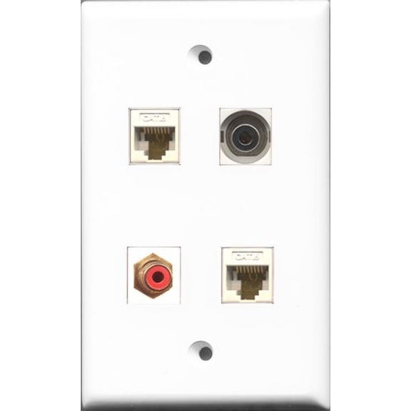 RiteAV 1 Port RCA Red and 1 Port 3.5mm 2 Port Cat6 Ethernet White Wall Plate