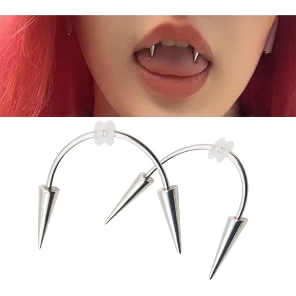 Smile Piercing Jewelry, 2pcs Halloween Vampire Teeth, Fake Vampire Lip Piercing, Stainless Steel Smile Lip Tiger Teeth Nails Vampire Piercing Jewelry for Costume Party Photo Props