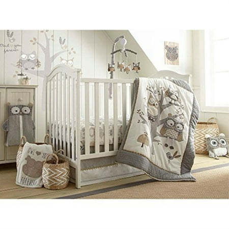 Levtex Baby - Night Owl Crib Bed Set - Baby Nursery Set - Grey, Tan and Cream - Owls in a Tree - 5 Piece Set Includes Quilt, Fitted Sheet, Diaper Stacker, Wall Decal & Crib Skirt/Dust