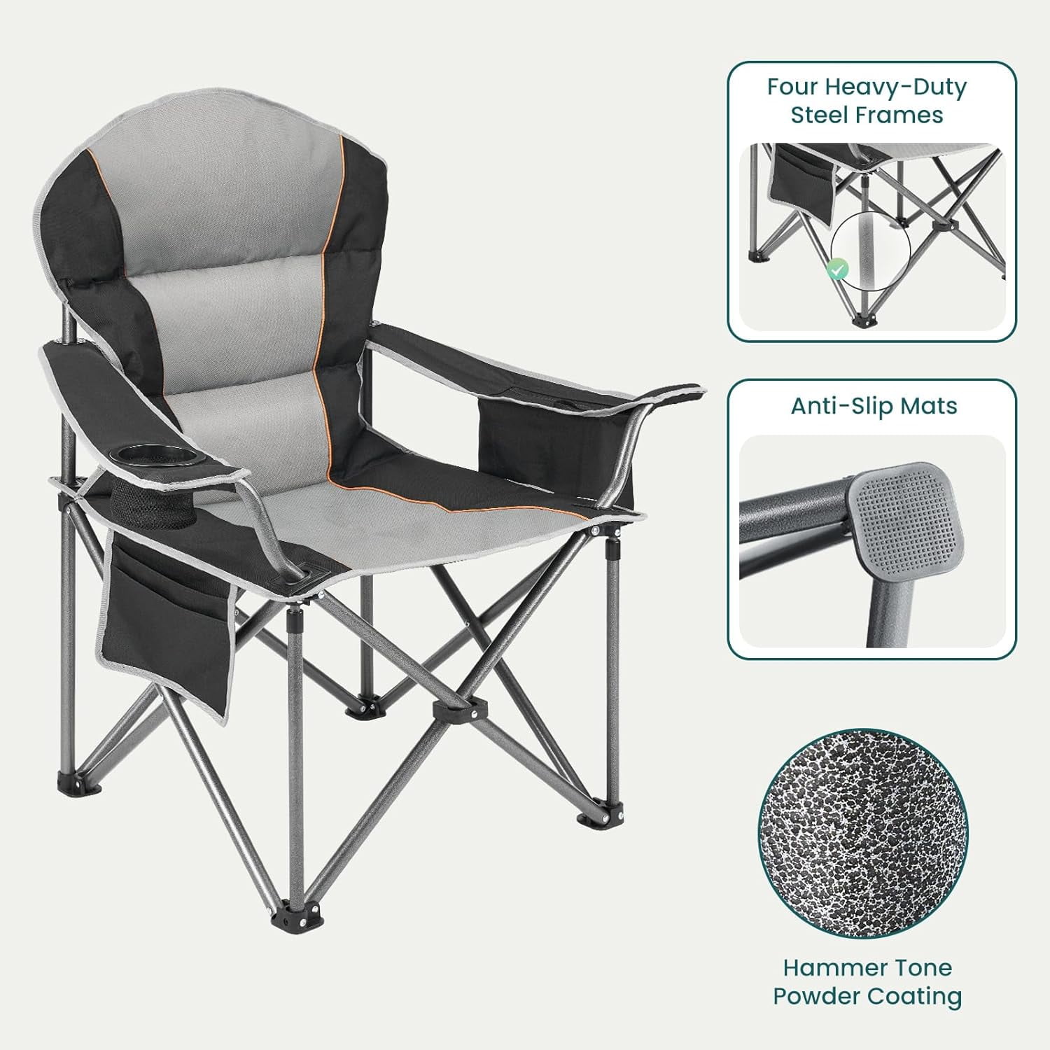 Oversized Camping Chair, Folding Chairs with Padded Back and Armrest, Steel Frame with Cooler Bag, Storage Netting Cup Holder, Black