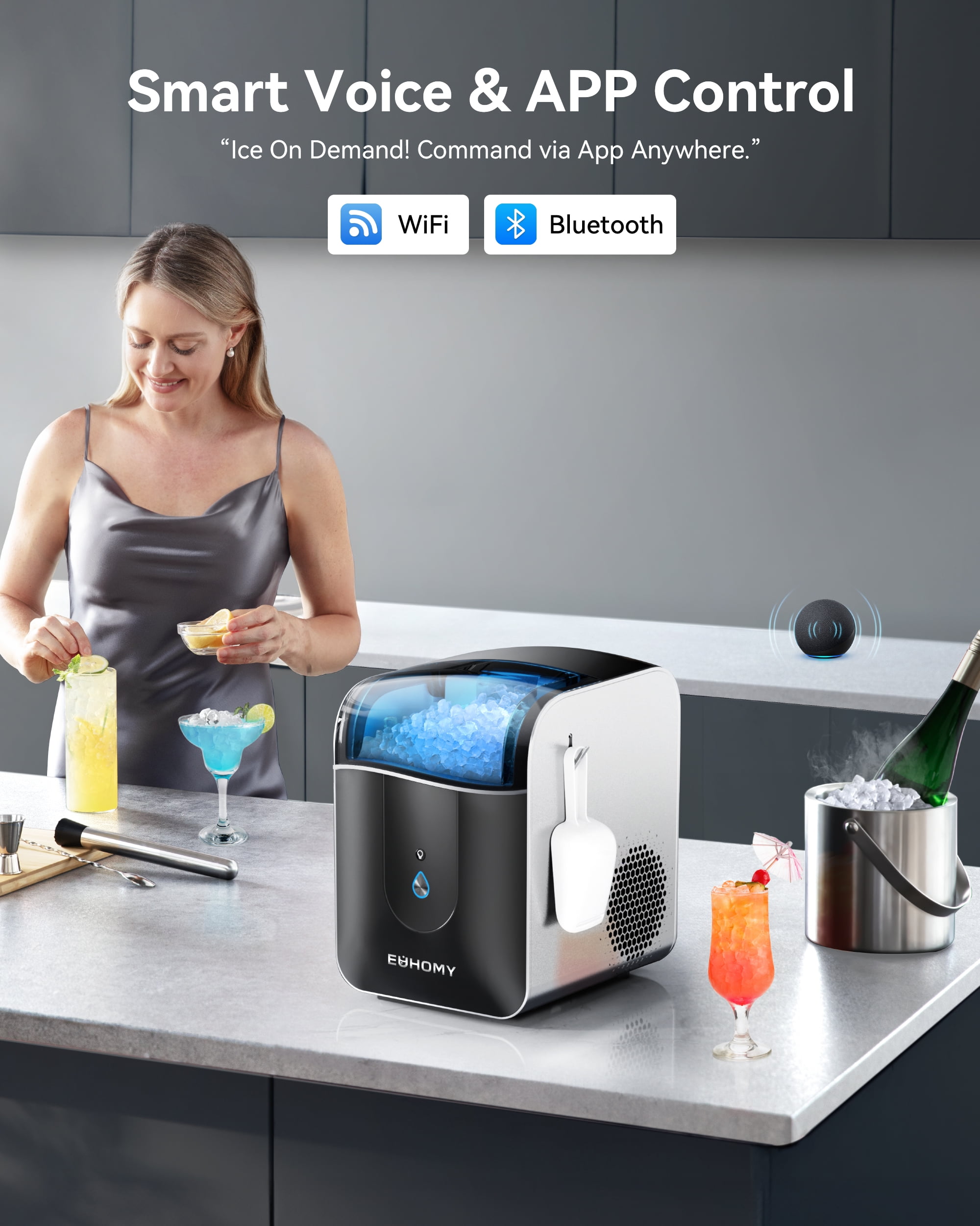 EUHOMY Nugget Ice Maker Countertop, 40Lbs/24H Chewable Pebble Ice Machine with App Control, Black