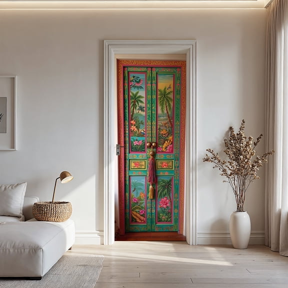 Tropical Bohemian Painted Door Sticker, Colorful Floral & Palm Tree Door Mural Decal for Beachy Boho Home