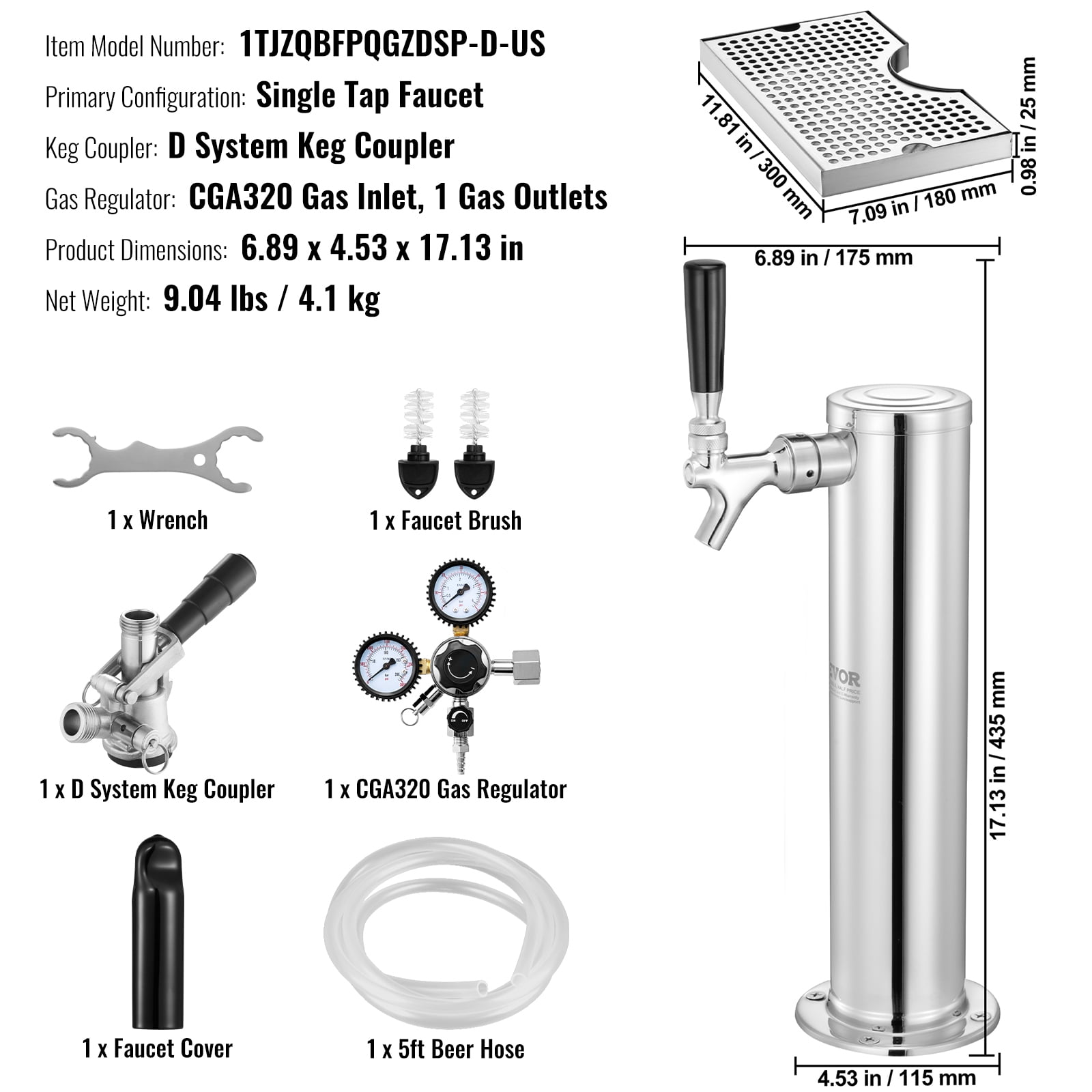 VEVOR Kegerator Tower Kit, Single Tap Beer Conversion Kit, Stainless Steel Keg Beer Tower Dispenser with Dual Gauge CGA320 Regulator & D-System Keg Coupler, Beer Drip Tray for Party Home