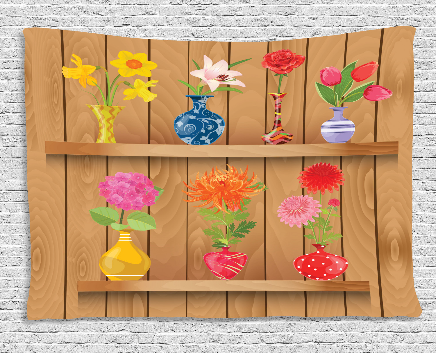 Daffodil Decor Tapestry, Glass Vases with Colorful Flowers on Wooden