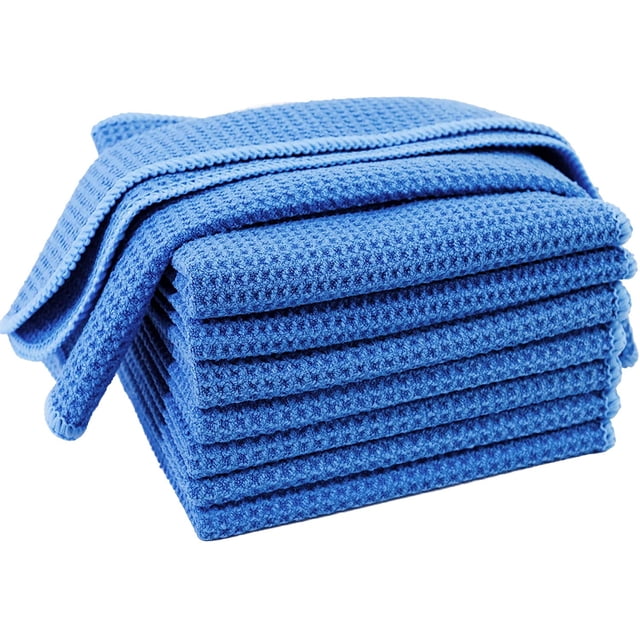Ultra Premium Microfiber Kitchen Dish Cloth Waffle Weave, 8 Pack (12x12 in, Blue)