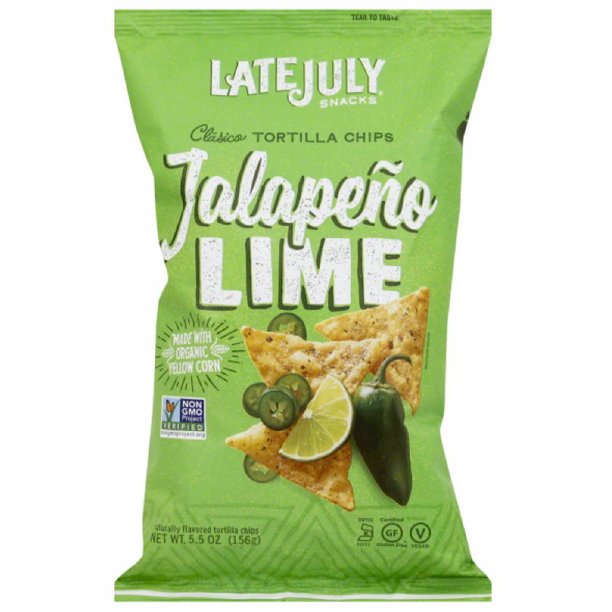 Late July Snacks Jalapeno Lime Clasico Tortilla Chips, 5.5 oz, (Pack of 12)