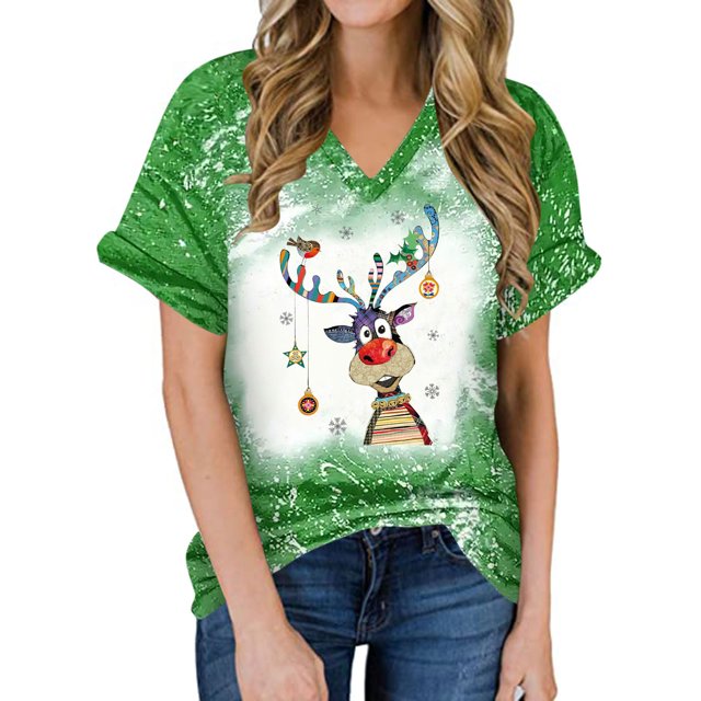 Camisas de Navidad Para Parejas Para Hombres Y Mujeres, Camisetas de Manga Corta Con Cuello en V Y Alces Holgados Informales de Navidad Odeerbi ODB207816