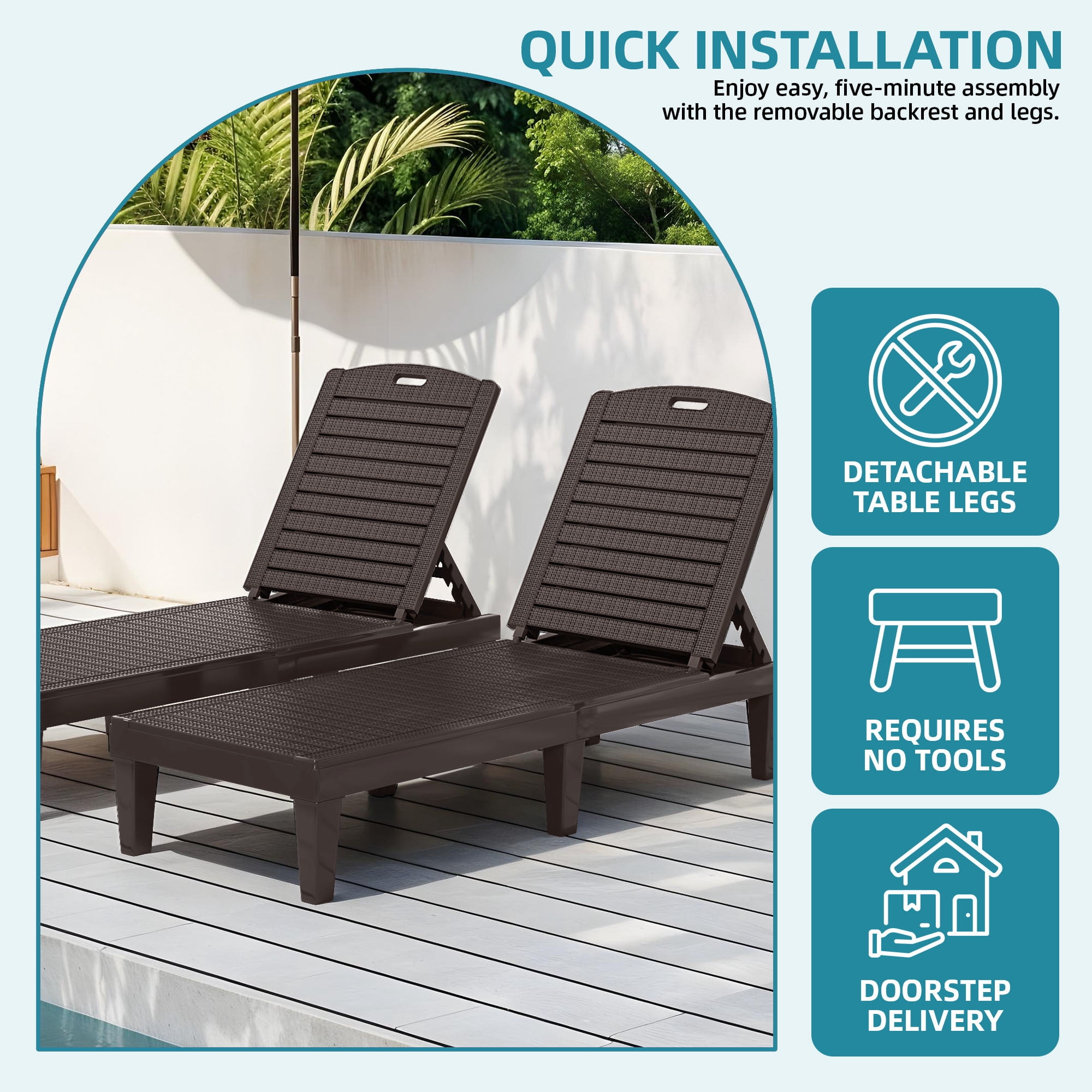 Uforic Outdoor Plastic Chaise Lounge Chair, 5-Position Adjustable Waterproof Poolside Recliner, Easy Assembly Patio Lounger for Garden Backyard, Brown, 1 Piece
