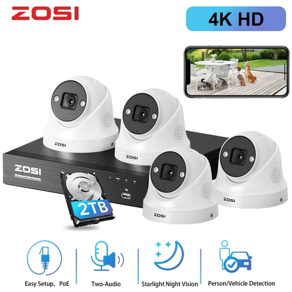 4K PoE Security Camera System with AI Human Detection, ZOSI 8CH Security Camera System 2TB, 4pcs Outdoor PoE Security Camera with Audio, Color Night Vision, 24/7 Record, Home Business Security