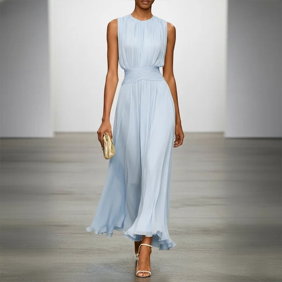 Morttic Women's Solid Color Sleeveless Pleated Maxi Dress – Waist-Cinching Flowy Chiffon Evening & Wedding Guest Gown Light Blue,S