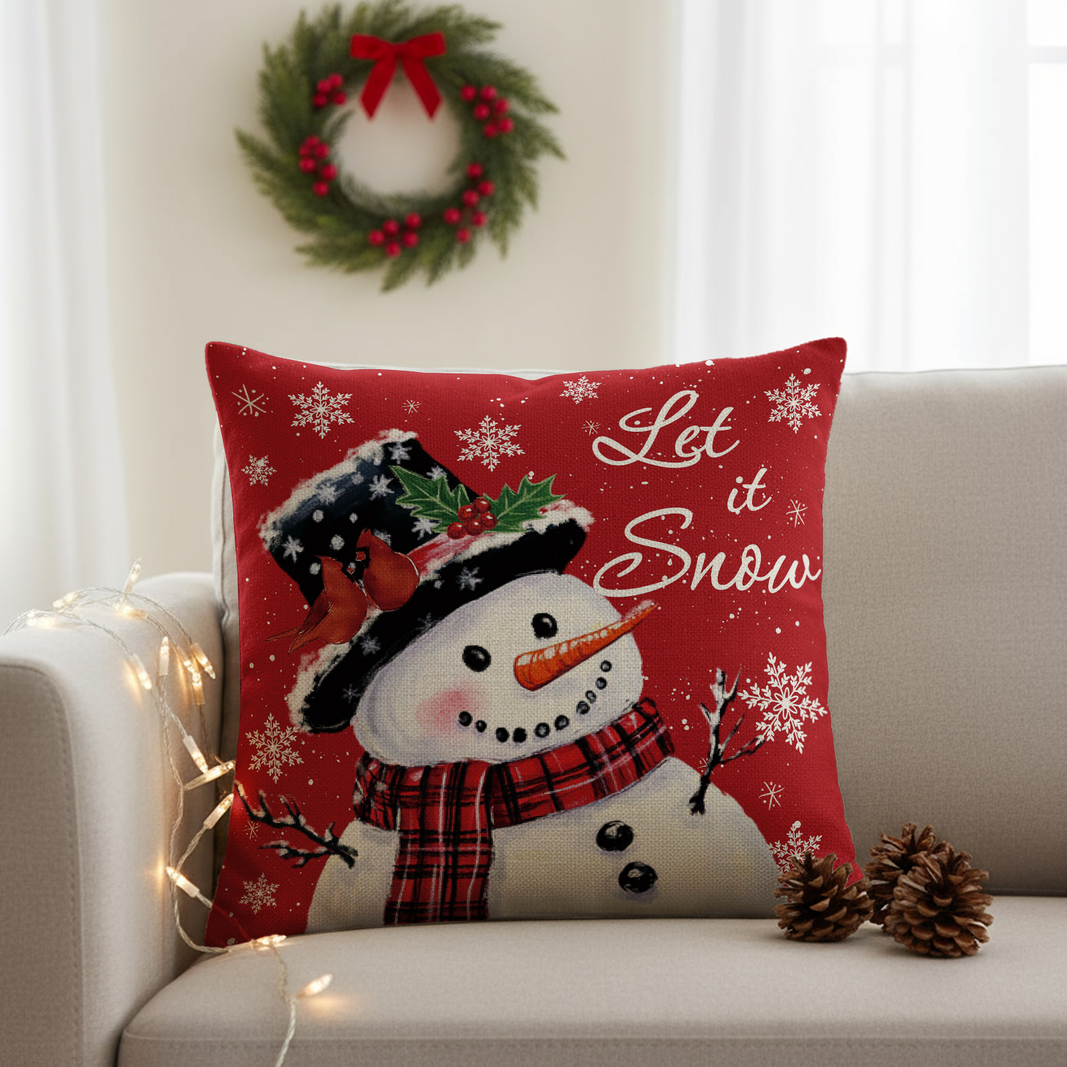 Sm:)e Let it Snow Snowman Throw Pillow Cover, Red photo 6