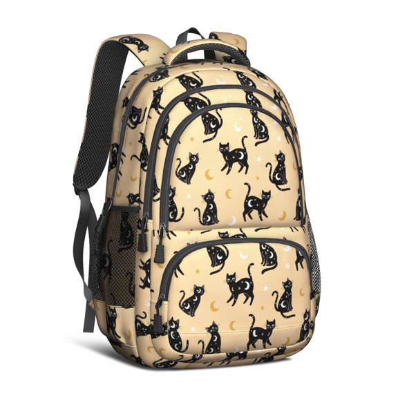 Black Cat Beige Pattern Cute School Backpack Bag with Padded Back and Adjustable Shoulder Straps 16.9 X 12.6 X 5.9 Inches