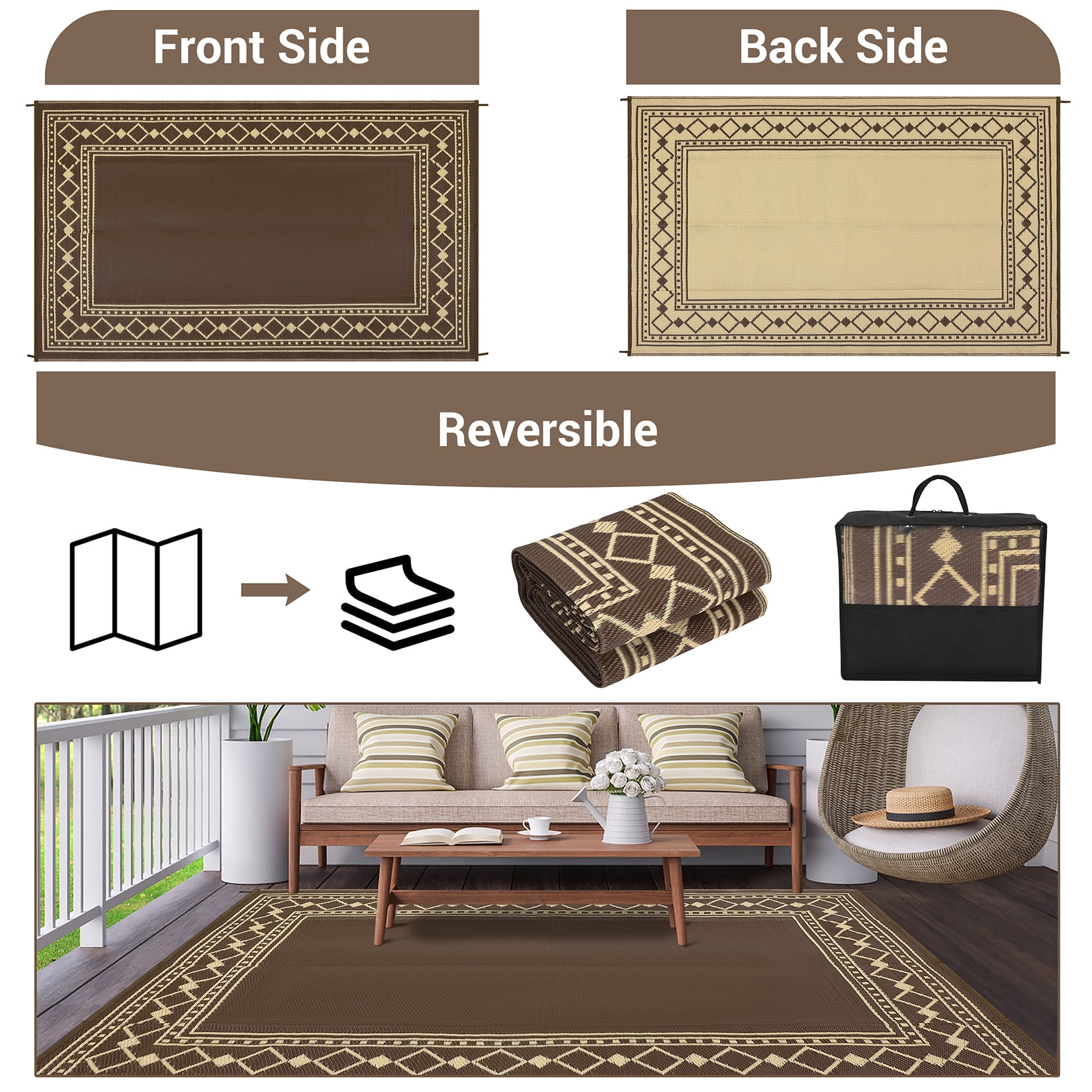 Hasoo 10' x 20' Brown Outdoor Rug Plastic Straw Border Carpet Waterproof PP Tube Woven Portable Mat for Patio Decor, Balcony, Picnic
