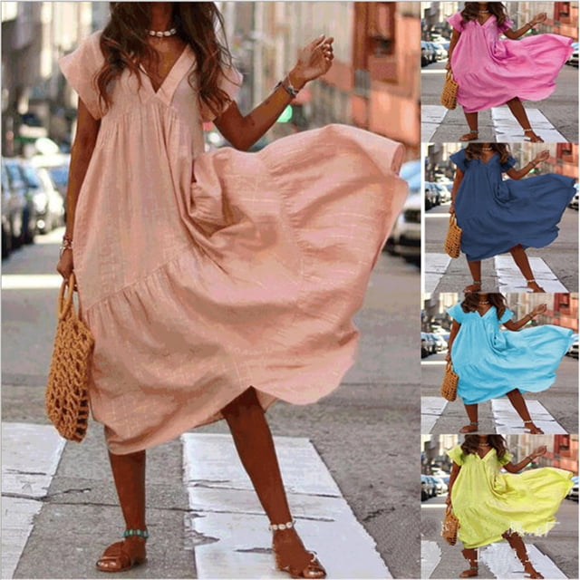 Tralilbee New Summer Chiffon Fashionable and Comfortable V-Neck Irregular Multicolor Plus Size Long Swing Dress