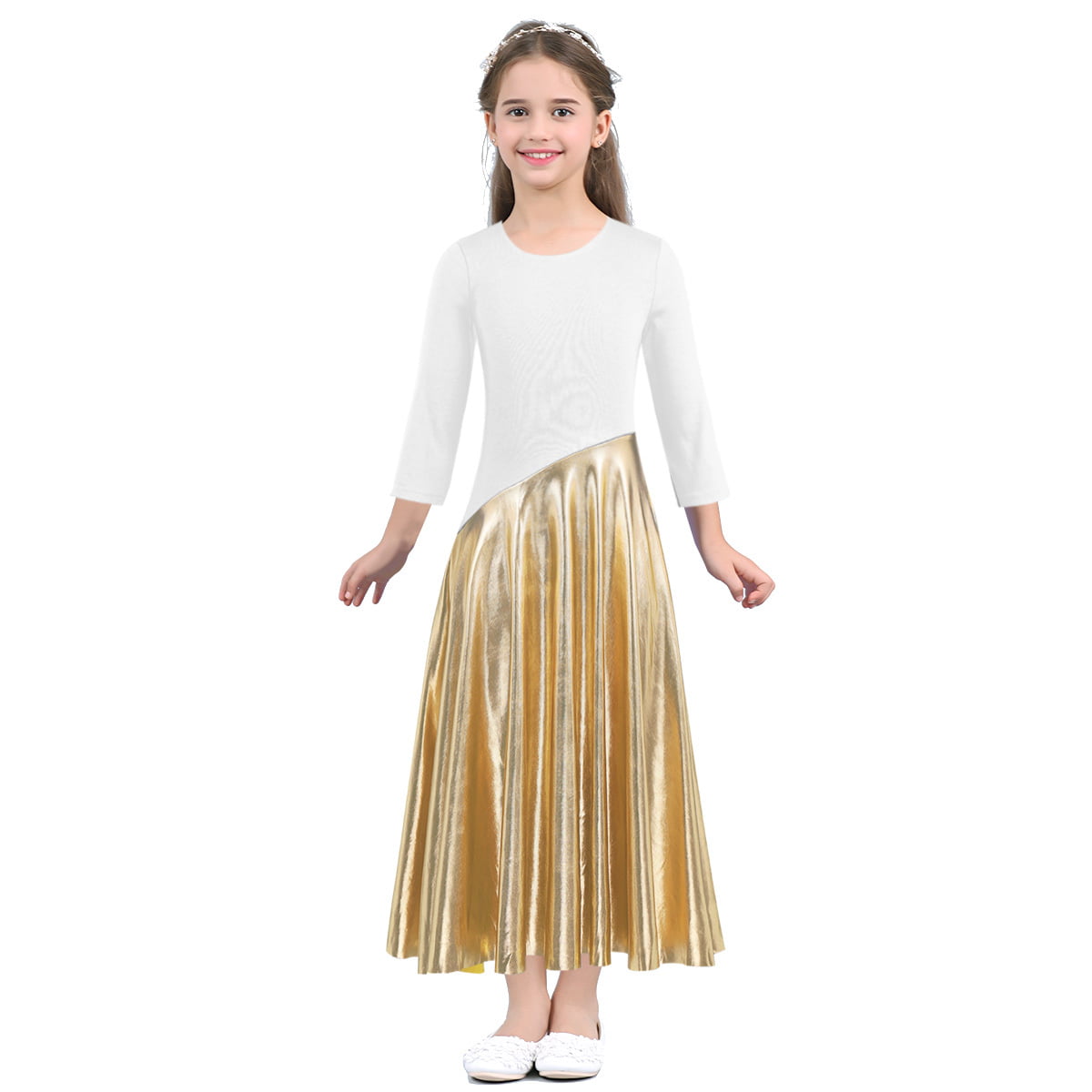 dPois Girl Full Circle Skirt Maxi Pleated Long Lyrical Ballet Dance Dress for Performance Celebration of Spirit Praise Dance Dress 
