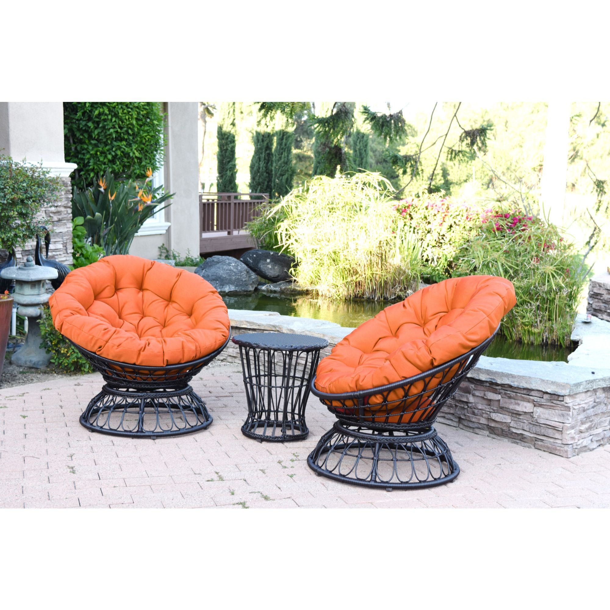 3Piece Espresso Brown Outdoor Furniture Patio Swivel Chair and Table Set Orange Cushions