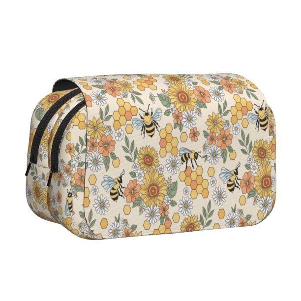 Easygdp Hippie Bee Honeycomb para Estuche de Lápices con Tapa Flip, Suministros de Oficina y Universidad para Adolescentes y Adultos