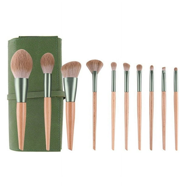 Juego de brochas de maquillaje, 10 piezas de madera de haya + paquete jack, brochas, base en polvo, colorete, fibra, pluma de belleza, herramientas de maquillaje