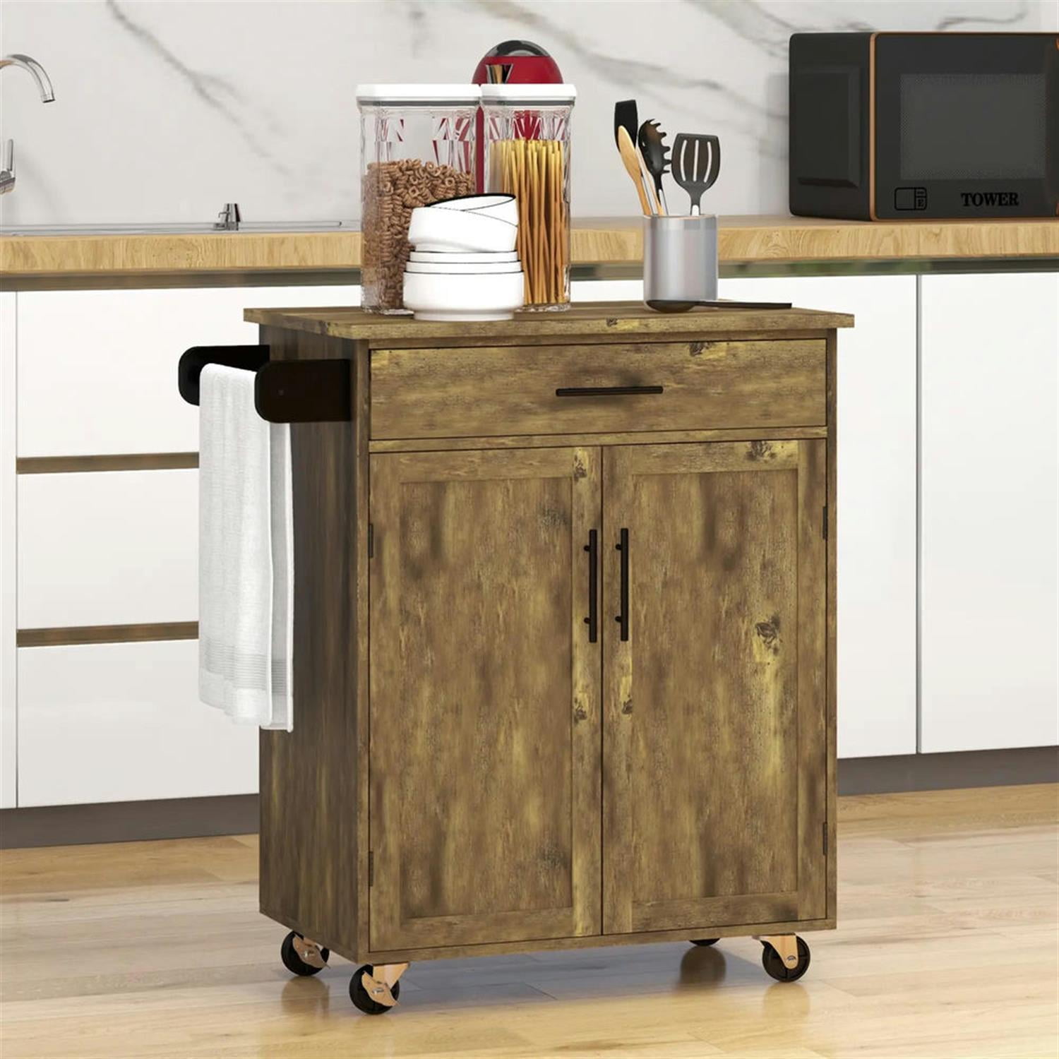Demi Bonn 36" Kitchen Island Cart on Wheels with Drawer, Storage Cabinet, Rolling Dining Room Serving Utility Carts Mobile Movable with Towel Rack, Brown