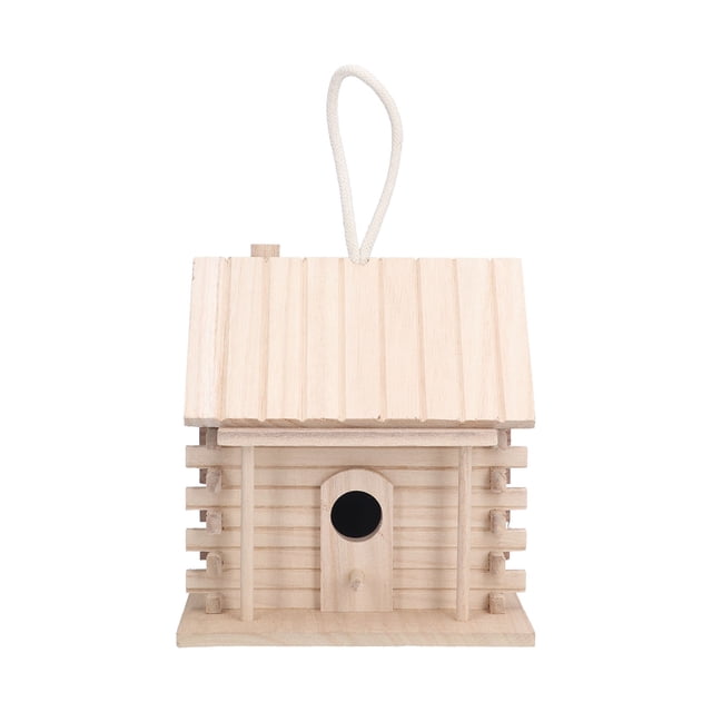 Casa de madera para pájaros colgante, cabaña de troncos para pájaros, decoración exterior e interior de la casa.