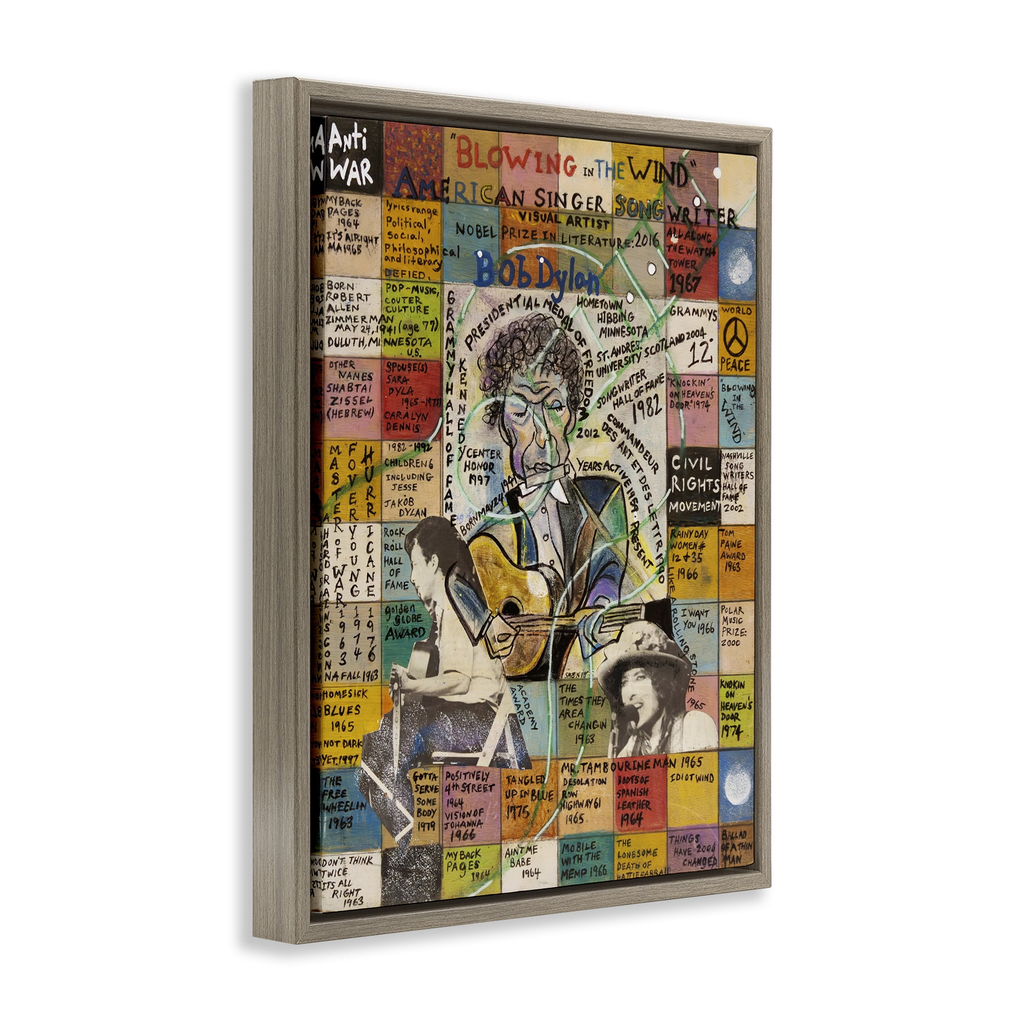 Stupell Industries Bob Dylan Collage People Drawing Brown Floater Framed Canvas Art Print Wall Art, 17 x 21