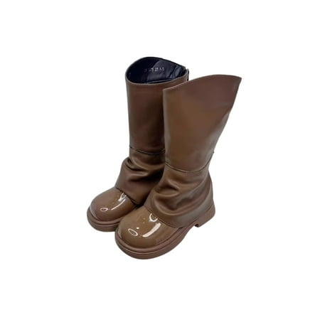 

SIMANLAN Girls Winter Shoes Back Zipper Knee High Boots Dress Riding Boot Kids Girl Low Heel Children Faux Leather Brown 2little kids