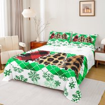 Manfei Leopard Print Xmas Tree Full Size Sheets, Green Snowflakes Bed Sheets for Kids, Merry Christmas Sheet Sets, Ultra Soft Home Decor 4pcs