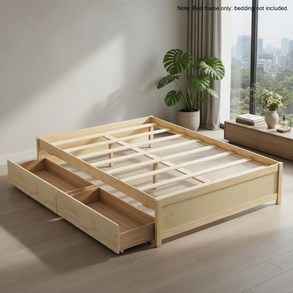 Demi Bonn Full Size Wooden Bed Frame, 2 Rolling Storage Drawers (Left/Right Adjustable), Solid Wood Legs & Center Support Bar, Slatted Platform, Natural