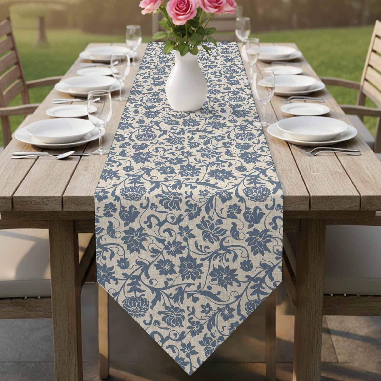 Light Blue Floral Table Runner Linen Burlap Table Runner 48 Inches Long Rustic Vintage Flowers Botanical Spring Dresser Scarves for Kitchen Island Coffee Dining Party Wedding Holiday Decor 13"x48"