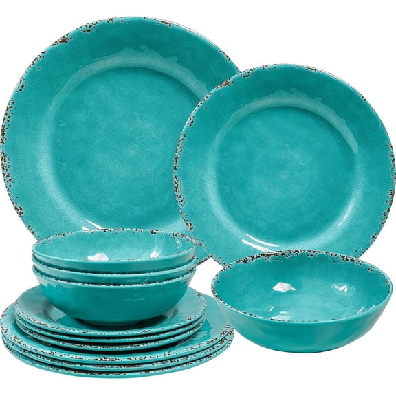 Melamine Plates and Bowls Set, Set of 4 Melamine 12 count Dishes Dinnerware Sets,Dishwasher Safe, Teal