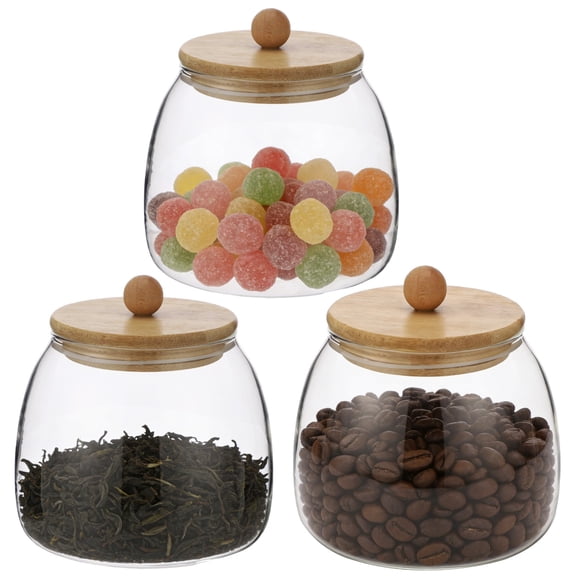 3 Pcs Glass Canisters with Wooden Lids, 25 oz Airtight Kitchen Storage Jars for Tea, Sugar, Coffee Beans, Spices, Nuts