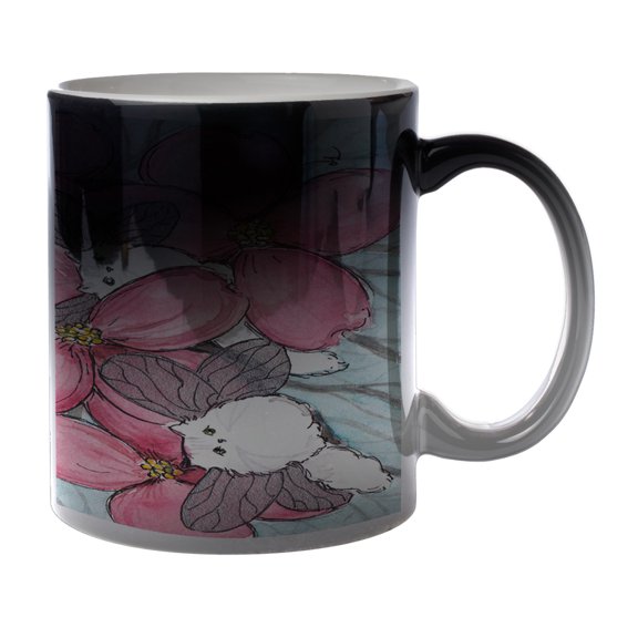 KuzmarK Black Heat Morph Color Changing Coffee Cup Mug 11 Ounce - Chinchilla Silver Persian Kitty Fairies with Pink Dogwood Cat Art by Denise Every