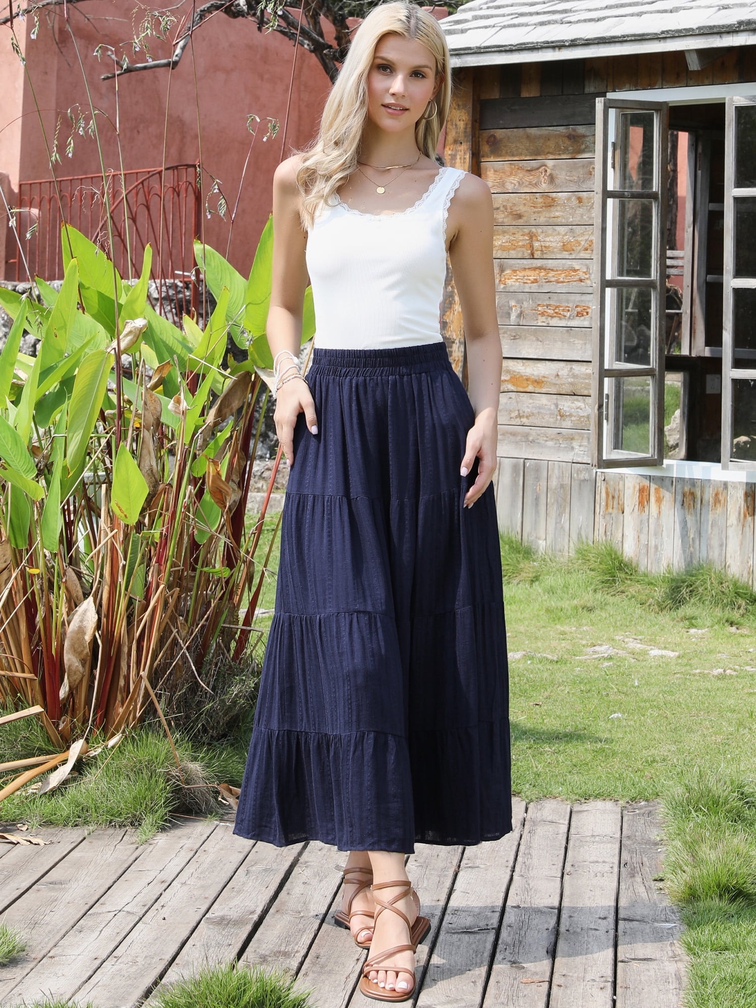 DARING DIVA Women's Summer Maxi Skirts Flowy Ruffle A-Line Skirt Large Dark Blue