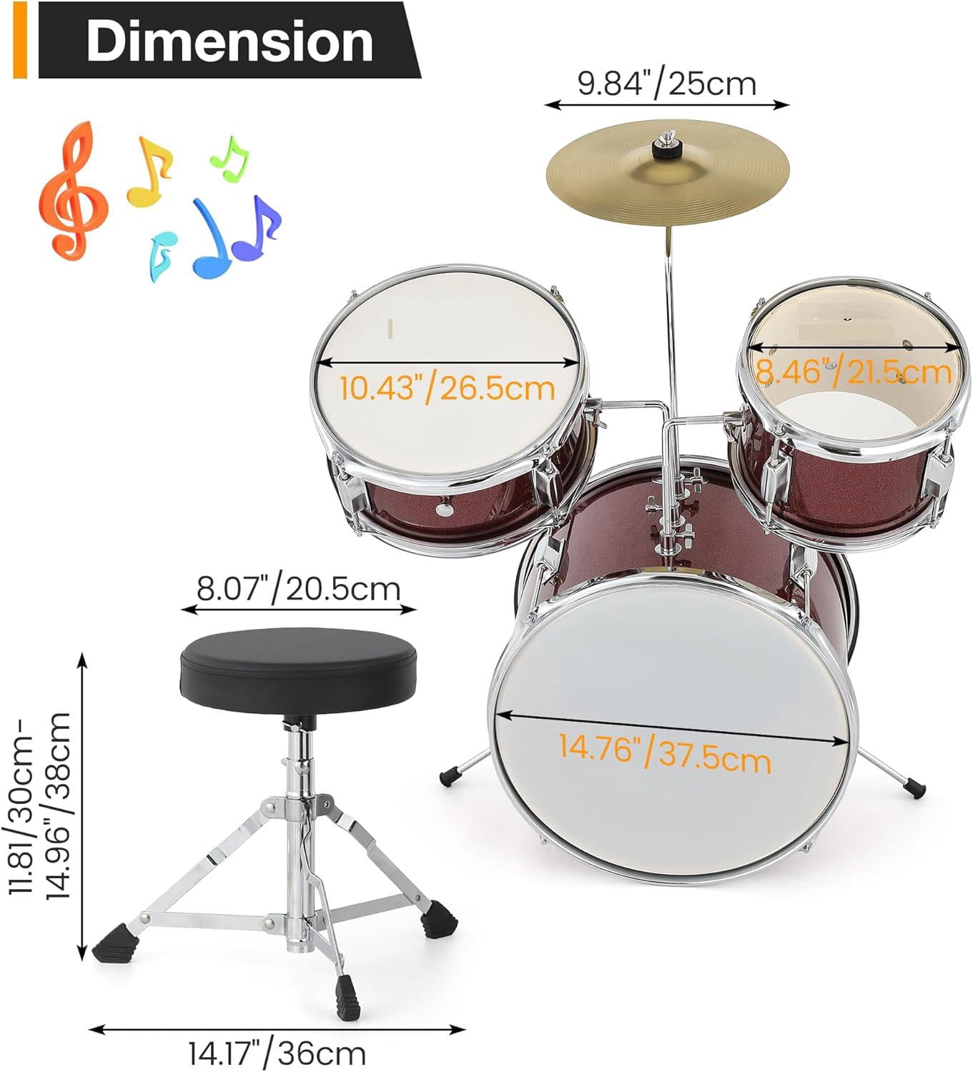TEQIN Drum Set for Kids and Beginners, 3-Piece 14'' Drum Kit with Adjustable Throne, Cymbal, Pedal & Two Pairs of Drumsticks, Musical Instruments for Boys and Girls