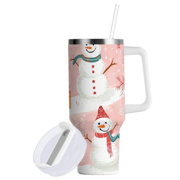 Yayeee 40oz Double-Wall Insulated Stainless Steel Tumbler with Handle Bottle, Pink Christmas Snowman