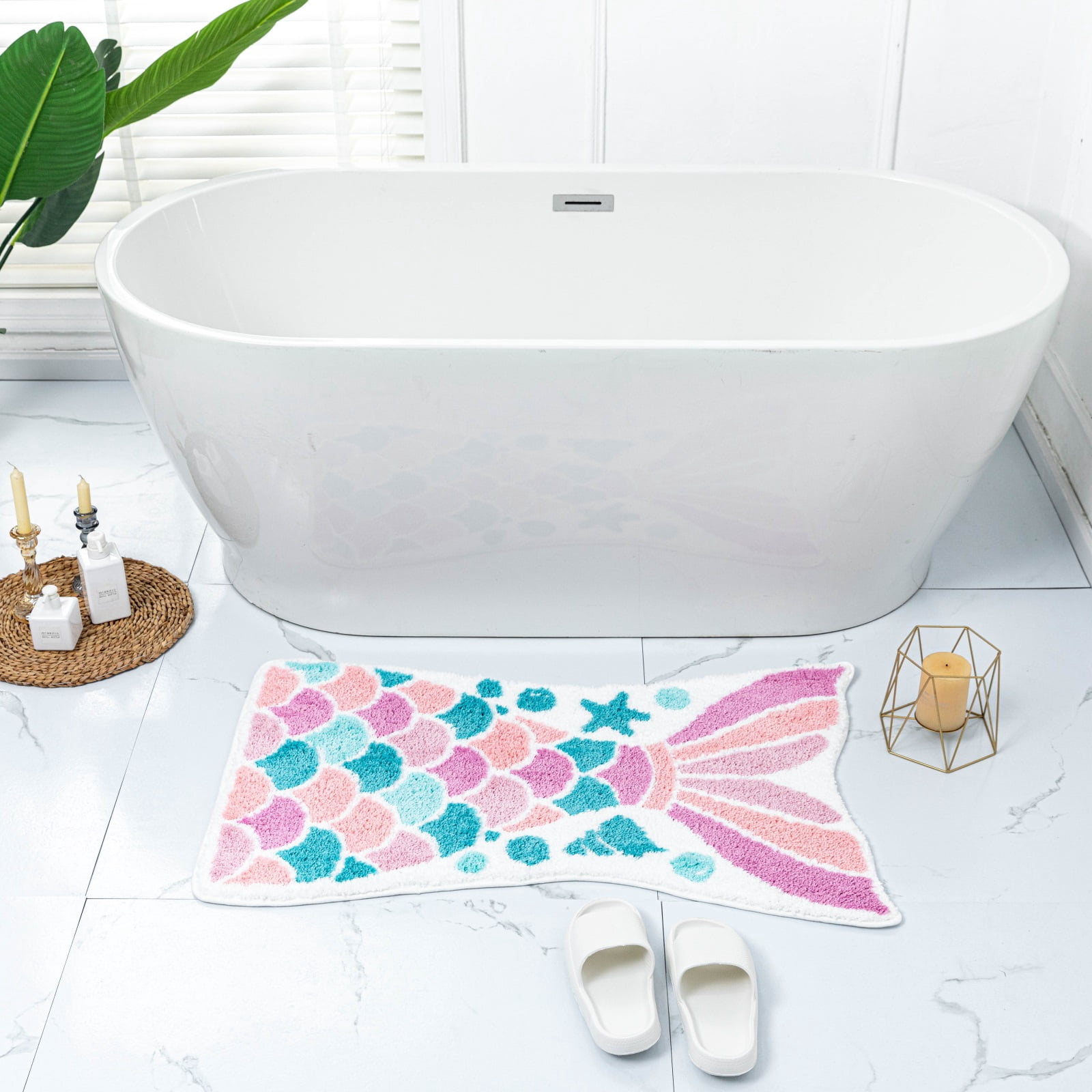 yingda1992 Mermaid Bath Mat Cute Pink Ocean Fish Scales Tail Shape Non-Slip Bathroom Rugs Absorbent Shower Bathtub Carpet 39.4x23.6in