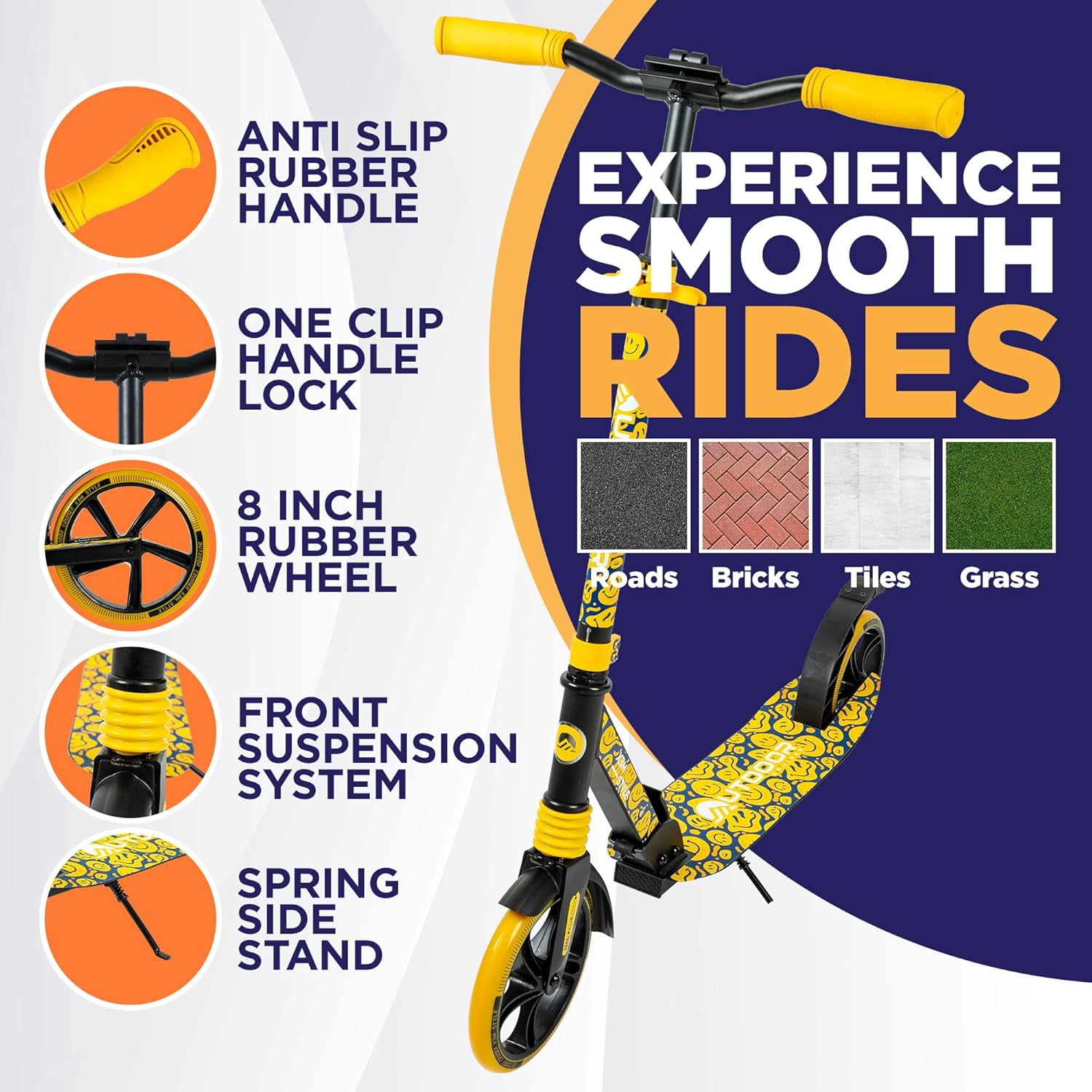 Outdoor Cruiser Kick Scooter for Ages 6+, for Kids, Teens, and Adults, Max Load 250 LBS, Foldable, 8-inch Big Wheels, Dual Suspension, 3 Adjustable Levels, Child Safety Approved, Yellow