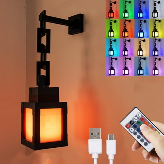 Pixelated Lantern Night Light -16-Color Led Wall Mood Night Light W Remote Control-Rechargeable Night Lamp Mountable Table Light, Costume Cosplay Nightstand Lamp for Room Decor for Boys