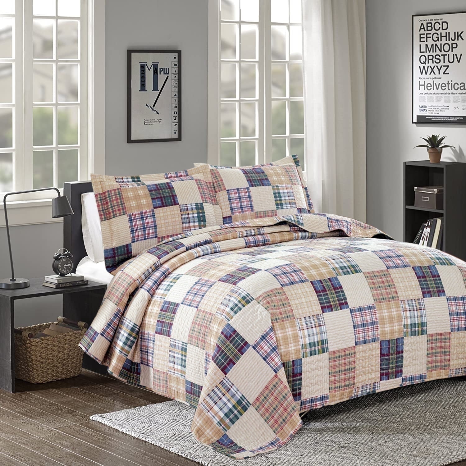 Beartech Quilt Set Queen Size Plaid Stripe Patchwork Microfiber Lightweight Reversible Bedspread Coverlet Bedding Set