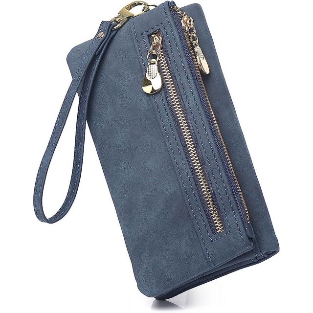 1 Uds. Cartera de cuero suave para mujer, bolso de mano con múltiples ranuras para tarjetas, bolso de mano con cremallera de gran capacidad y correa para la muñeca (azul)