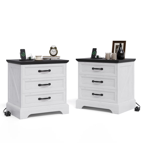 GOCAPTAIN Nightstand with Charging Station Set of 2, 24'' Wide Bedside Table with 3 Drawers, Modern Farmhouse Nightstand for Living Room, Bedroom, White