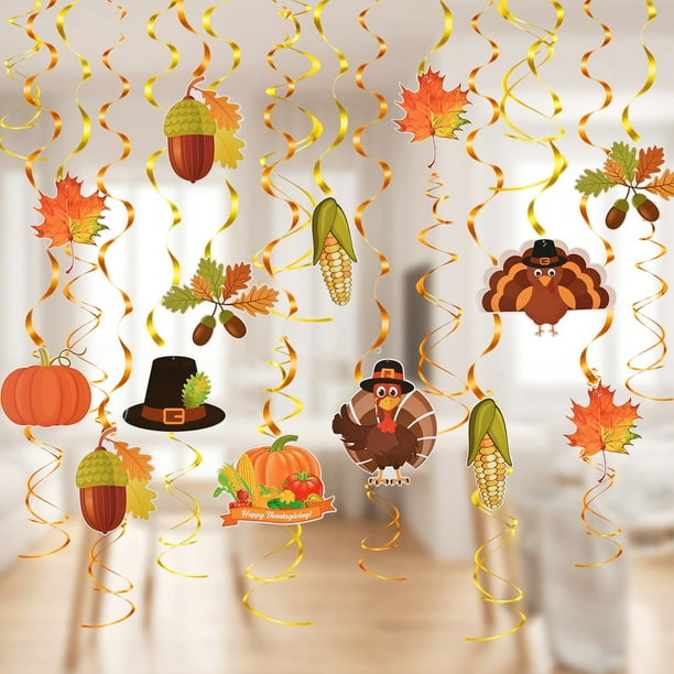 Coolmade Fall Thanksgiving Decorations 30 Pcs Fall Thanksgiving Hanging Swirls Ceiling Decor Fall Maple Acorns Pumpkin Turkey Autumn Hanging Ceiling
