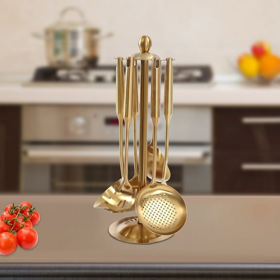 Gold Kitchen Utensils Set with Stand 7 Piece 304 Stainless Steel Cooking Tool for Home, Hotel, and Restaurant Use
