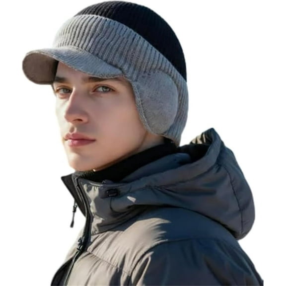 Windproof Thermal Cap with Visor, Fleece Lined Thermal Hood for Men & Women, Winter Beanie with Brim for Skiing, Hiking, and Cold Weather